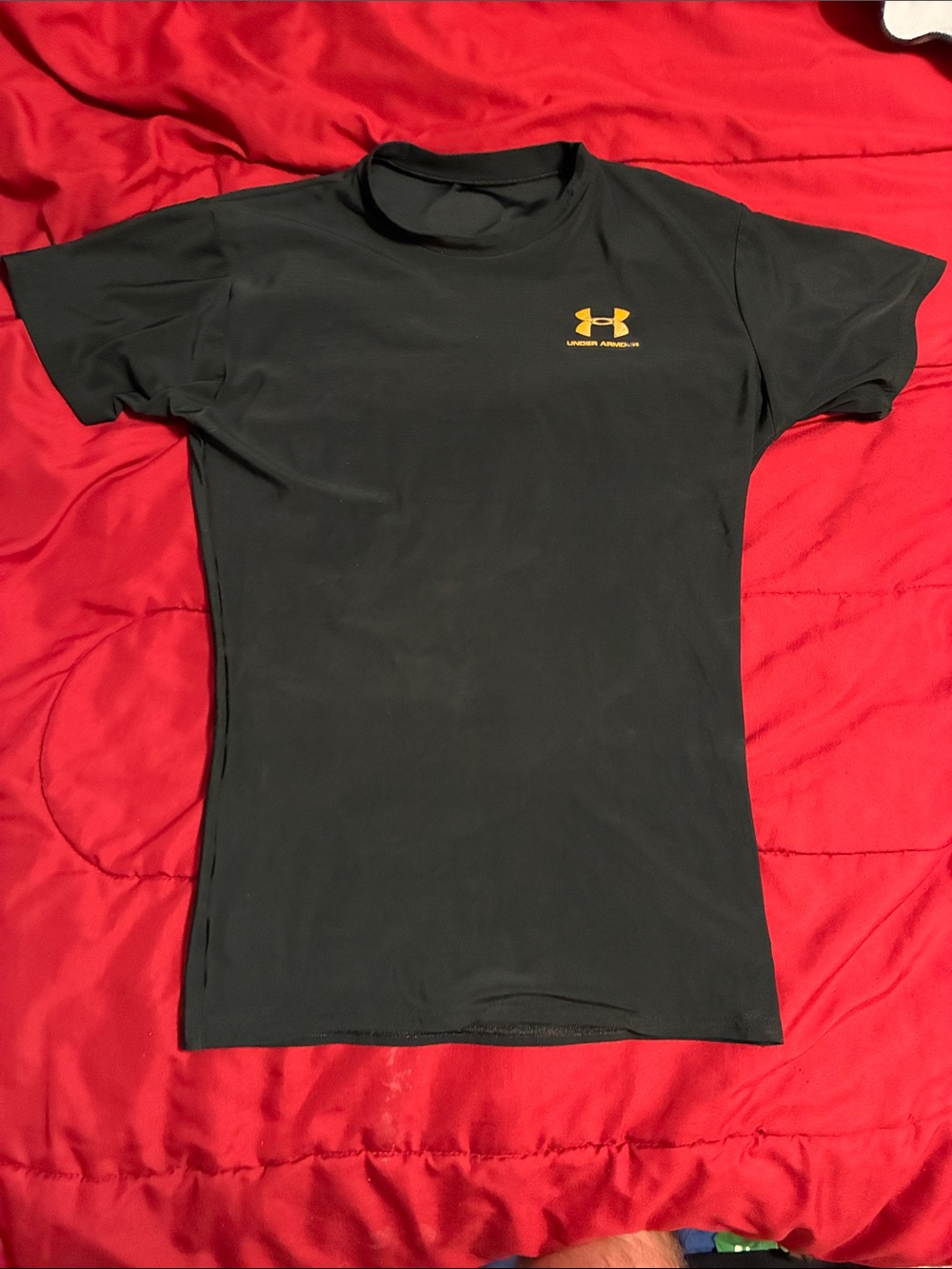 Under Armour Black Short Sleeve Heat Gear Compression Tee with Yellow Logo